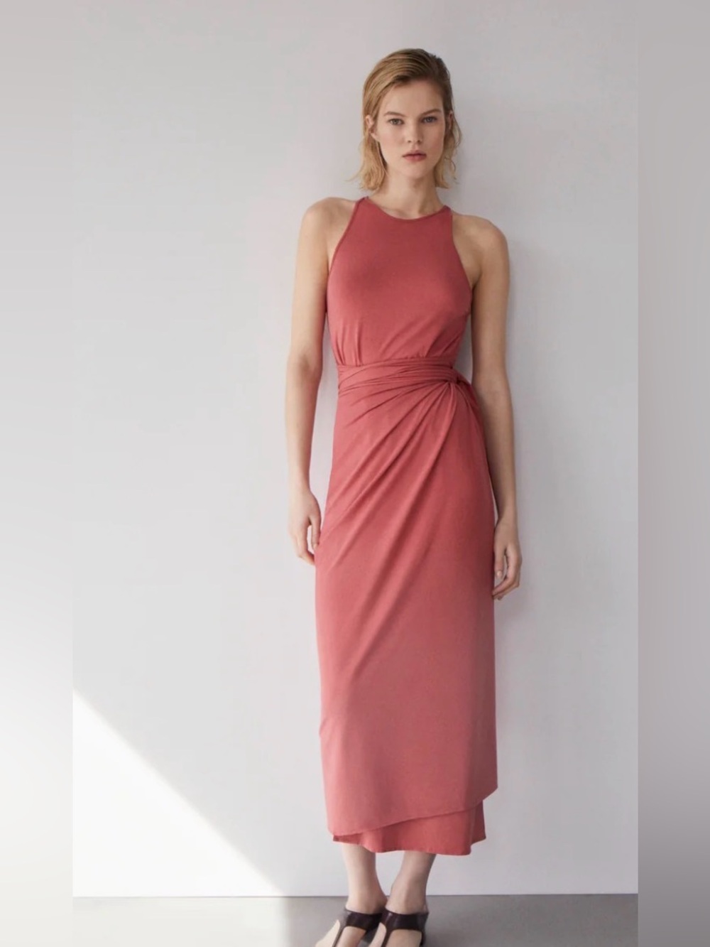Another Tomorrow Sarong Tie Dress in Rhubarb